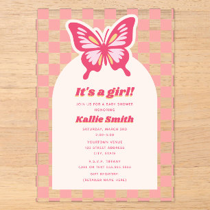 Invitaciones Acrílicas Chica de tablero de ajedrez rosa mariposa Baby Sho