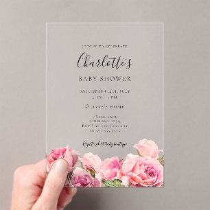 Invitaciones Acrílicas Chica del Bebé con Rosa Fiesta Prenatal 