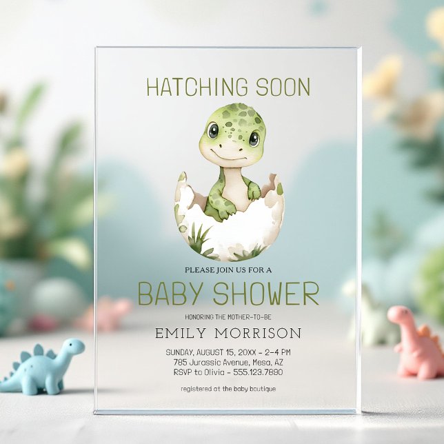 Invitaciones Acrílicas Chica ducha de bebé de dinosaurio que eclosiona pr (Subido por el creador)