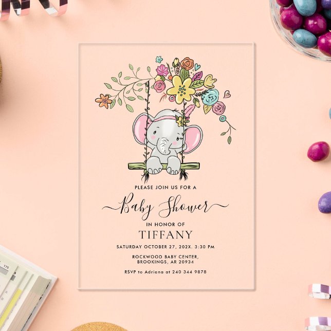Invitaciones Acrílicas Chica elefante pequeño lindo Floral Swing Baby Sho (Subido por el creador)