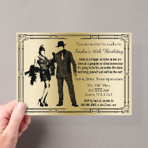 Invitaciones Acrílicas Chica flapper y gánster art déco de los locos años