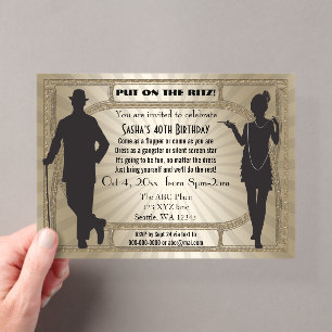 Invitaciones Acrílicas Chica flapper y gánster art déco de los locos años