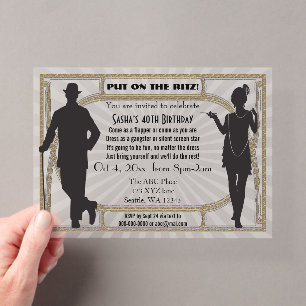 Invitaciones Acrílicas Chica flapper y gánster art déco de los locos años