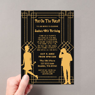 Invitaciones Acrílicas Chica flapper y gánster art déco de los locos años