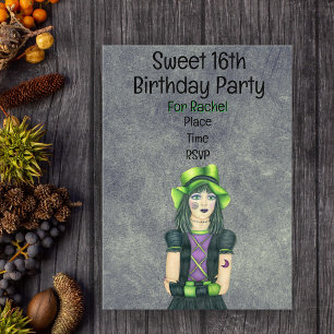 Invitaciones Acrílicas Chica gótica Cumpleaños sombrero verde tatuajes re