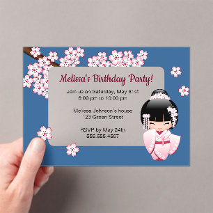 Invitaciones Acrílicas Chica Kokeshi Rosa Ventana Transparente Cumpleaños