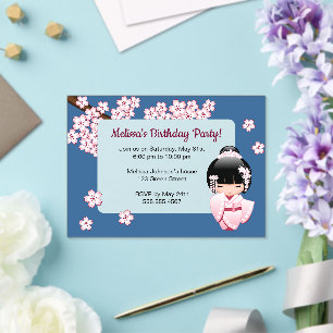Invitaciones Acrílicas Chica Kokeshi Rosa Ventana Transparente Cumpleaños