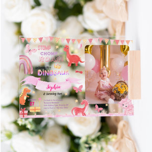 Invitaciones Acrílicas Chica Linda Dino Dinosaurio Rosa Foto Cumpleaños I