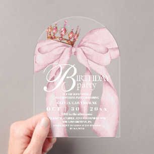 Invitaciones Acrílicas Chica moderna tendencia lazo rosa fiesta de cumple
