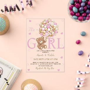 Invitaciones Acrílicas Chica Oso Rosado Globos Cumpleaños Bebé