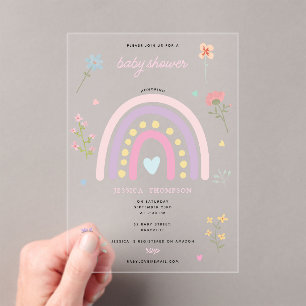 Invitaciones Acrílicas Chica Pastel Arcoiris Wildflowers Hearts Baby Show