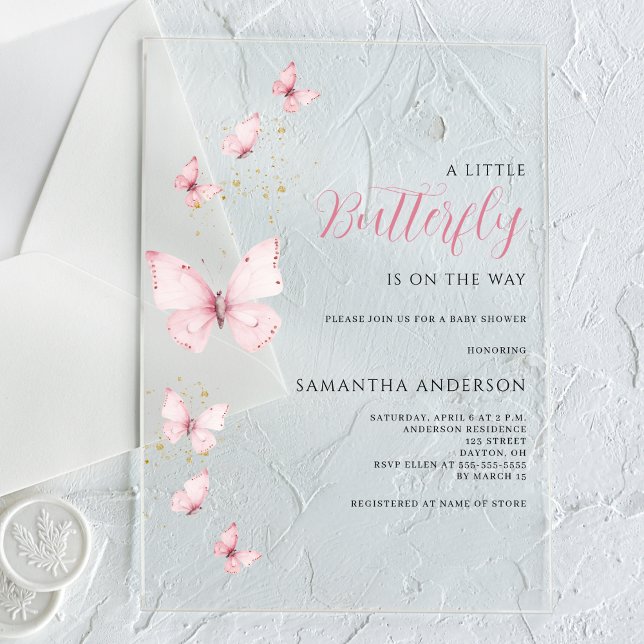 Invitaciones Acrílicas Chica rosa de mariposa pequeña Baby Shower (Subido por el creador)