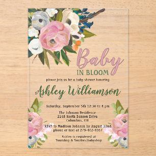 Invitaciones Acrílicas Chica rosa floral bebé con mano en flor pintada