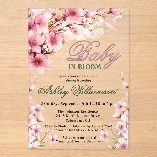 Invitaciones Acrílicas Chica rosa floral bebé en acuarela en flor