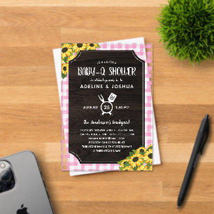 Invitaciones Acrílicas Chica Rústico Rosa Gingham Sunflowers Baby-Q Showe