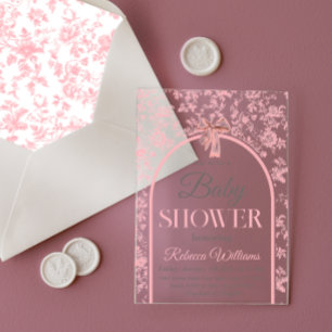 Invitaciones Acrílicas Chica Toile de Jouy Pink Bow Baby Shower