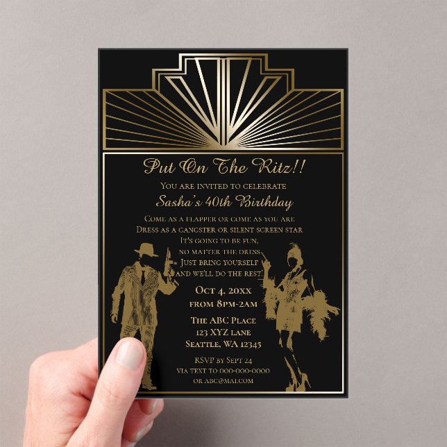 Invitaciones Acrílicas Chica y gángster del Art Deco de los años 20 (Insitu (portátil))