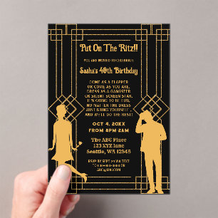 Invitaciones Acrílicas Chica y gángster del Art Deco de los años 20
