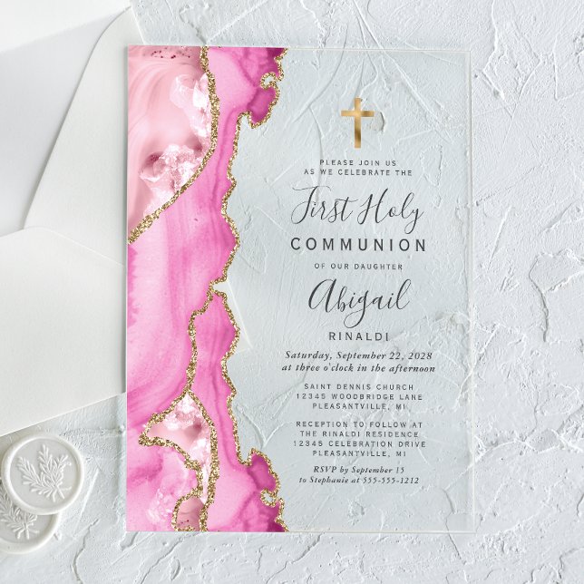 Invitaciones Acrílicas Chicas del Agate Oro Rosado Primero Santa Comunión (Subido por el creador)