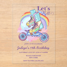 Invitaciones Acrílicas Chicas Roller Patinaje Púrpura Fiesta de Cumpleaño