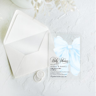 Invitaciones Acrílicas Chico Azul Lazo Moderno Elegante Shower de Bebé