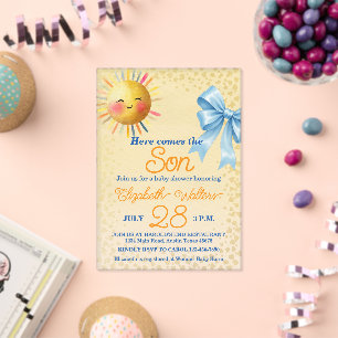 Invitaciones Acrílicas Chico Colorido Aquí Viene el Hijo Ducha para Bebé