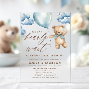 Invitaciones Acrílicas Chico de Bebé Beige y Azul Neutral Barely Wait Bab