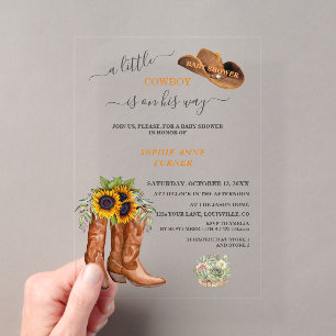 Invitaciones Acrílicas Chico de botas de vaquero bebé occidental Shower