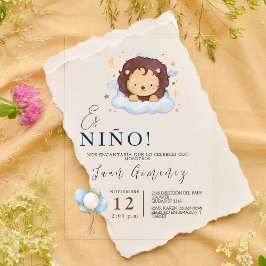 Invitaciones Acrílicas Chico español Baby Shower Lion Qr Code Baby Regist
