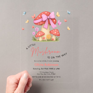 Invitaciones Acrílicas Chico Hongo de lazo rosa floral Baby Shower
