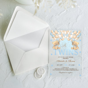 Invitaciones Acrílicas Chicos Gemelos Azules Oso Globos Baby Shower