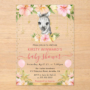 Invitaciones Acrílicas Chimenea de bebé cebra floral de acuarela