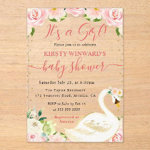 Invitaciones Acrílicas Chimenea de bebé elegante floral cisne acuarela