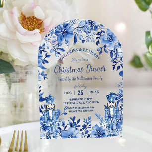 Invitaciones Acrílicas Chinoiserie Azul Blanco Floral Cascanueces Navidad