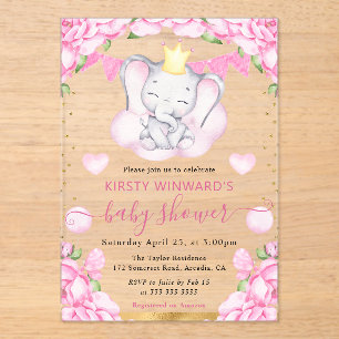 Invitaciones Acrílicas Chocolate de Agua Elefante Lindo & Rosas Rosadas B