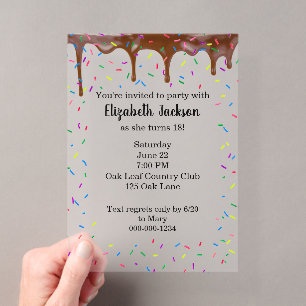 Invitaciones Acrílicas Chocolate goteante y grageas de cumpleaños colorid