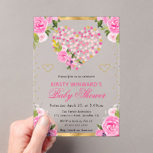 Invitaciones Acrílicas Chocolate Rosa Dorado Corazones Flores Shower de B