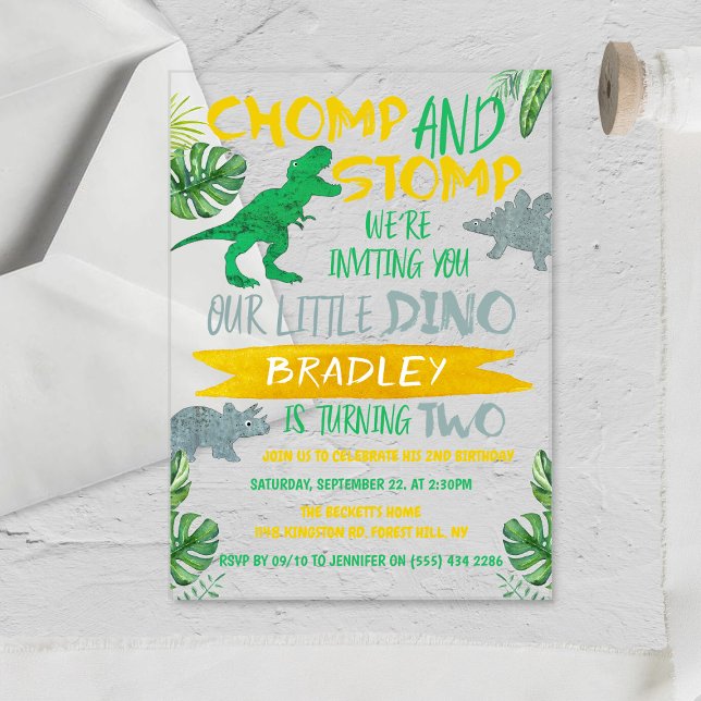Invitaciones Acrílicas ¡Chomp & Stomp! Cumpleaños de Dinosaurios 2 (Subido por el creador)