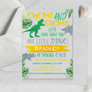 Invitaciones Acrílicas ¡Chomp & Stomp! Cumpleaños de niños dinosaurios 1e
