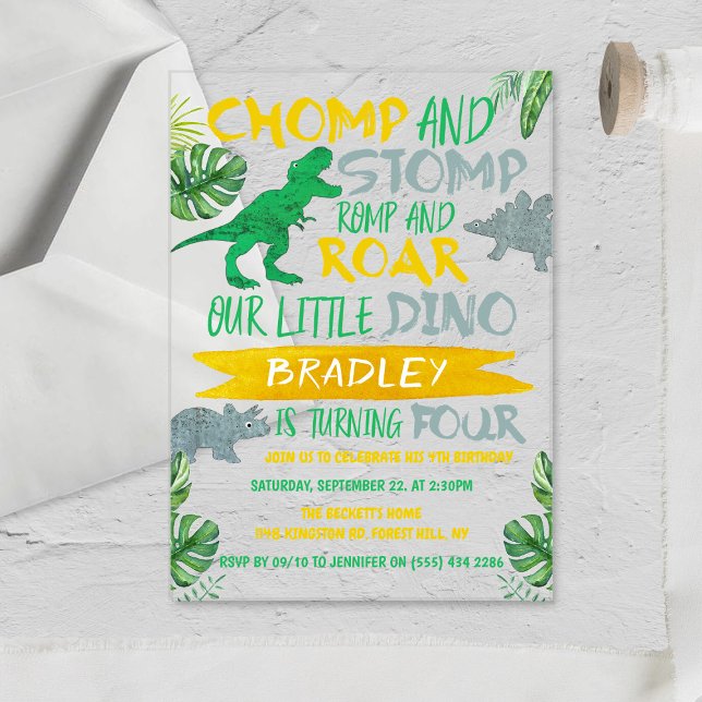 Invitaciones Acrílicas ¡Chomp & Stomp! Cumpleaños número 4 de los chicos  (Subido por el creador)