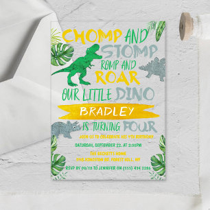 Invitaciones Acrílicas ¡Chomp y Stomp! Dinosaurios Boys 4º cumpleaños