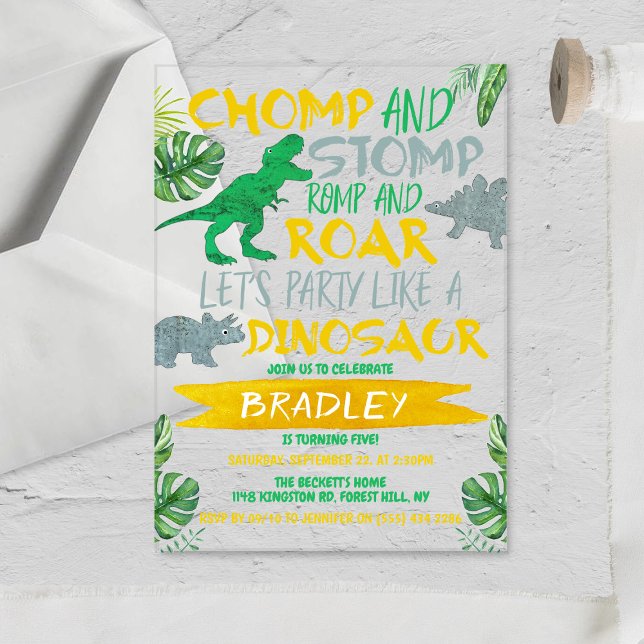 Invitaciones Acrílicas ¡Chomp y Stomp! Dinosaurios Boys Any Age Birday (Subido por el creador)