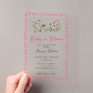 Invitaciones Acrílicas Chorreada Floral Roja Vintage Bebé en Floración Du