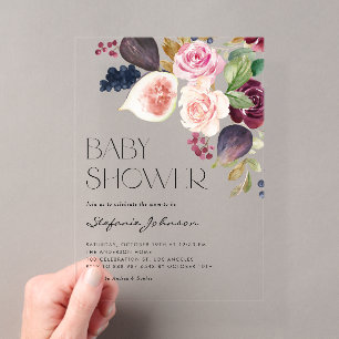 Invitaciones Acrílicas Chorreado de Acuarela Burgundy Flor y Higo Baby Sh