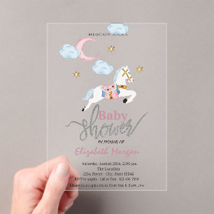 Invitaciones Acrílicas Chorreado de Acuarela Potrilla Rosa Baby Shower