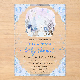 Invitaciones Acrílicas Chorreado de animales árticos florales para baby s