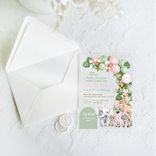Invitaciones Acrílicas Chorreo de Bebé Niña Safari Animal Tropical Verde