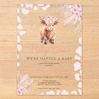 Invitaciones Acrílicas Chorreo De Flores Secas Boho Vaca Sagrada Rosa Bab