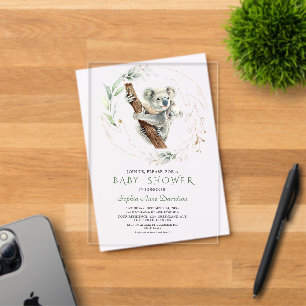 Invitaciones Acrílicas Chorro de Acuarela Koala Verde Dorado Baby Shower