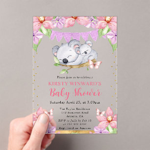 Invitaciones Acrílicas Chorro de Acuarela Koalas y Flores Baby Shower